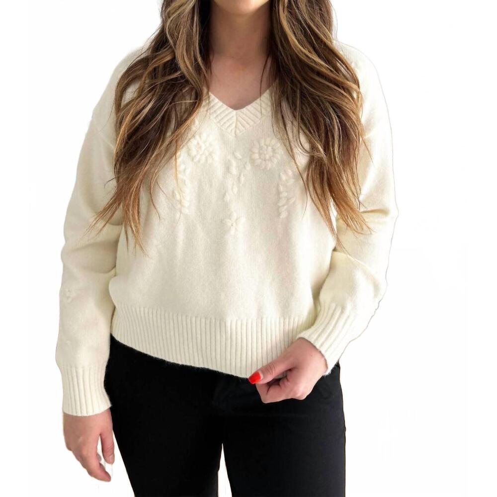 NEW PINCH v-neck flower embrordery sweater in ivory